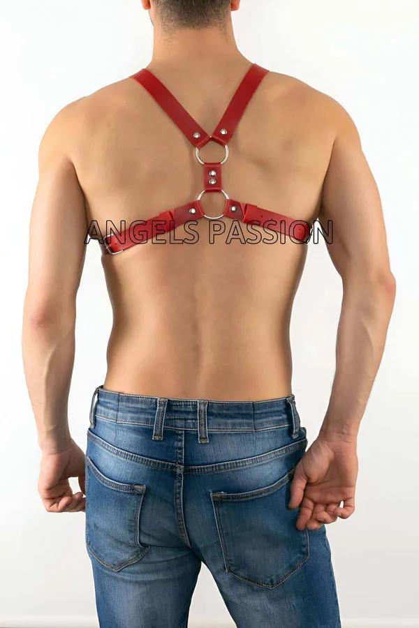 Red Faux Leather Chest Harness with O-Ring