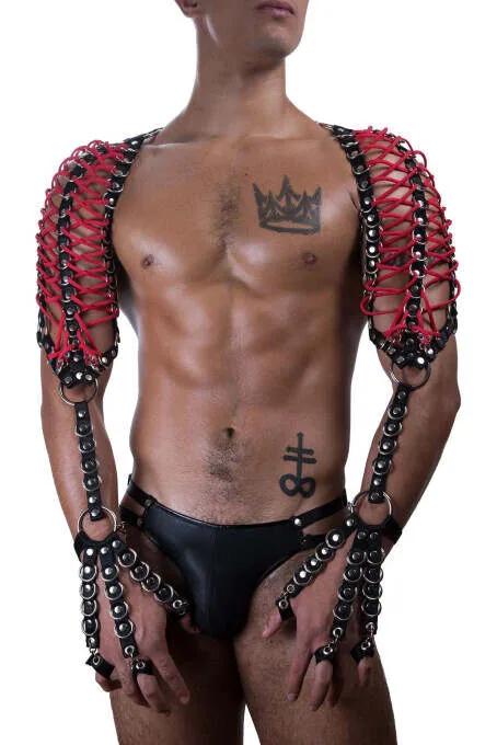 Red Faux Leather Shoulder Harness Men Black Chain Links Adjustable Arm Cuffs