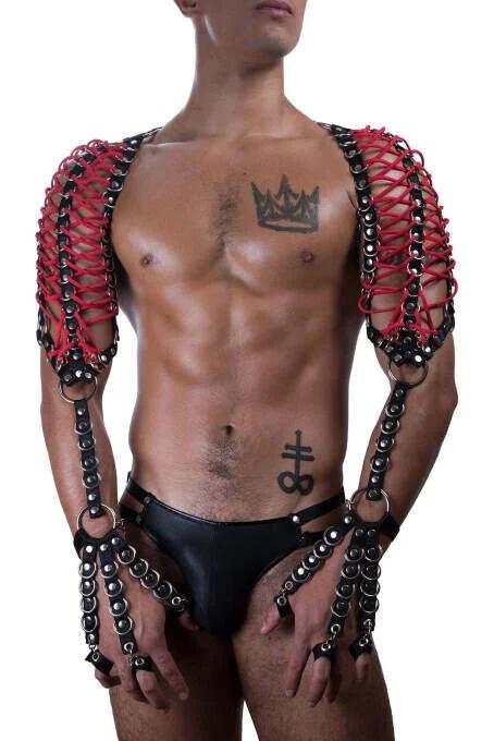 Red Faux Leather Shoulder Harness Men Black Chain Links Adjustable Arm Cuffs