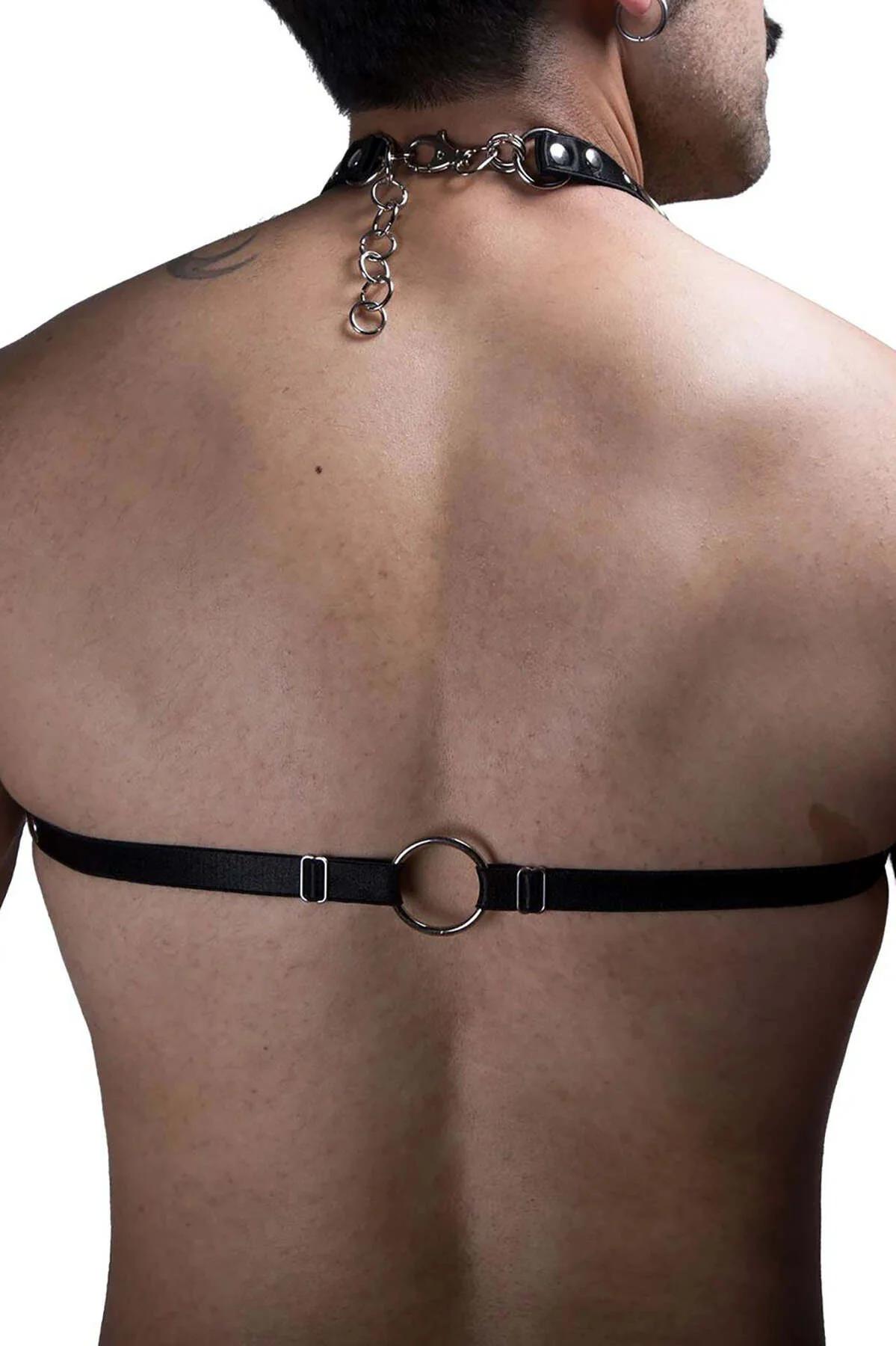 Black Faux Leather Harness with Chain Detail
