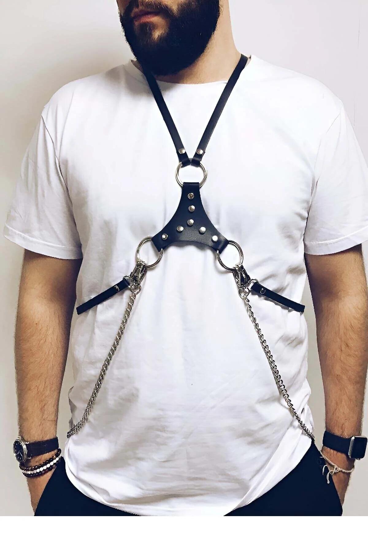 Faux Leather Chest Harness with Studded Triangle & Chains