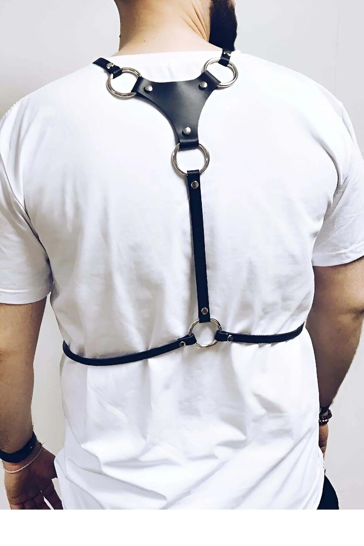 Faux Leather Chest Harness with Studded Triangle & Chains