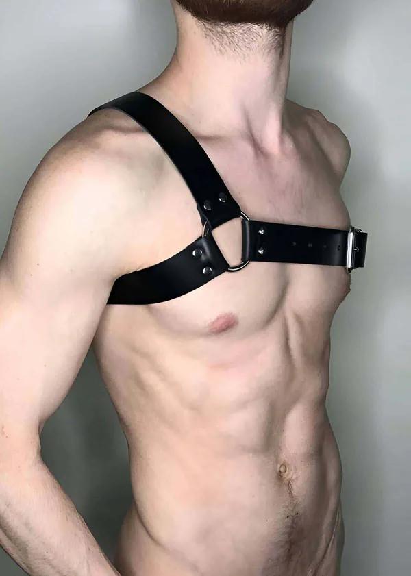 Asymmetrical Chest Harness with Wide Faux Leather Strap