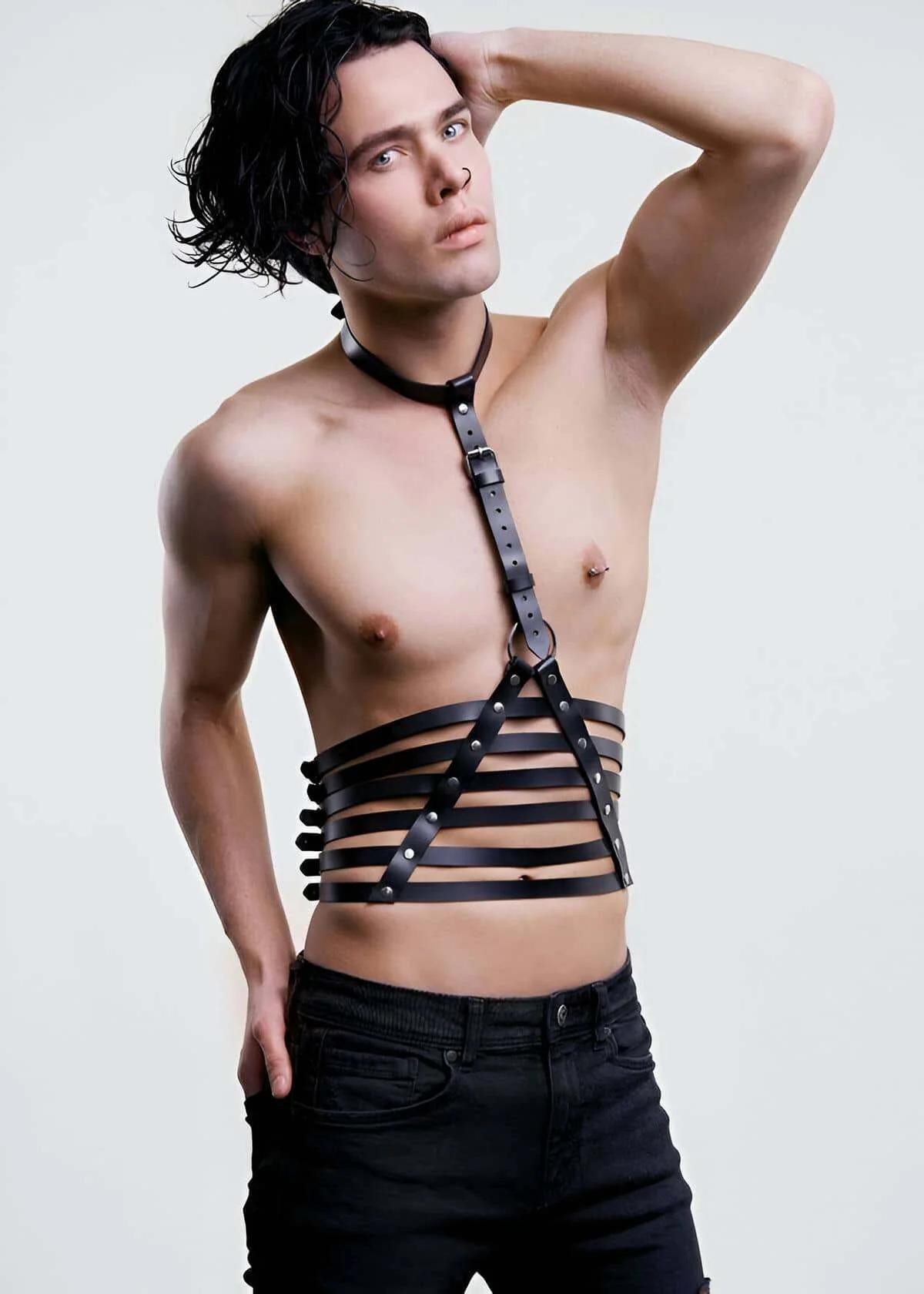 Faux Leather Torso Harness with Adjustable Neck Collar