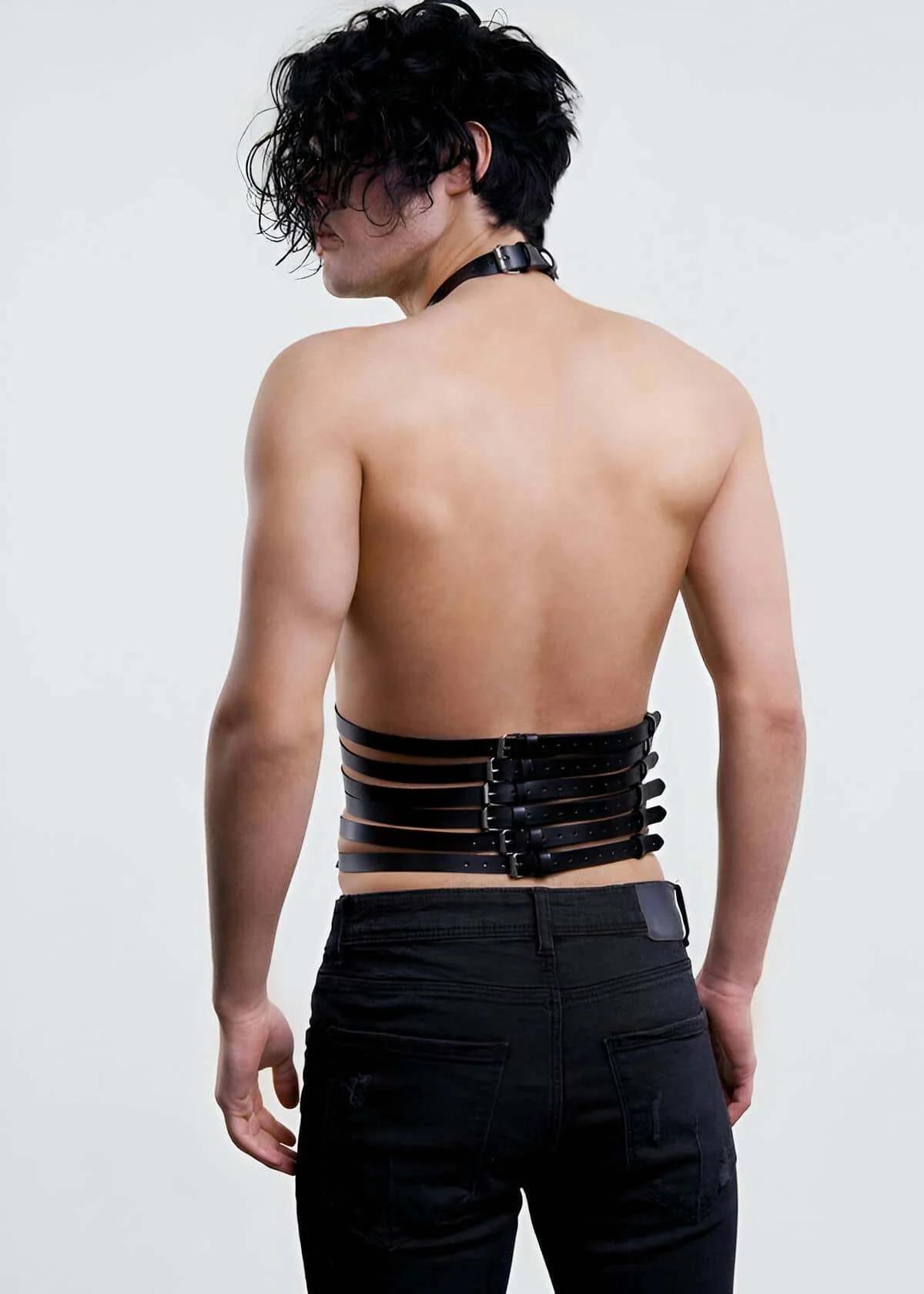 Faux Leather Torso Harness with Adjustable Neck Collar