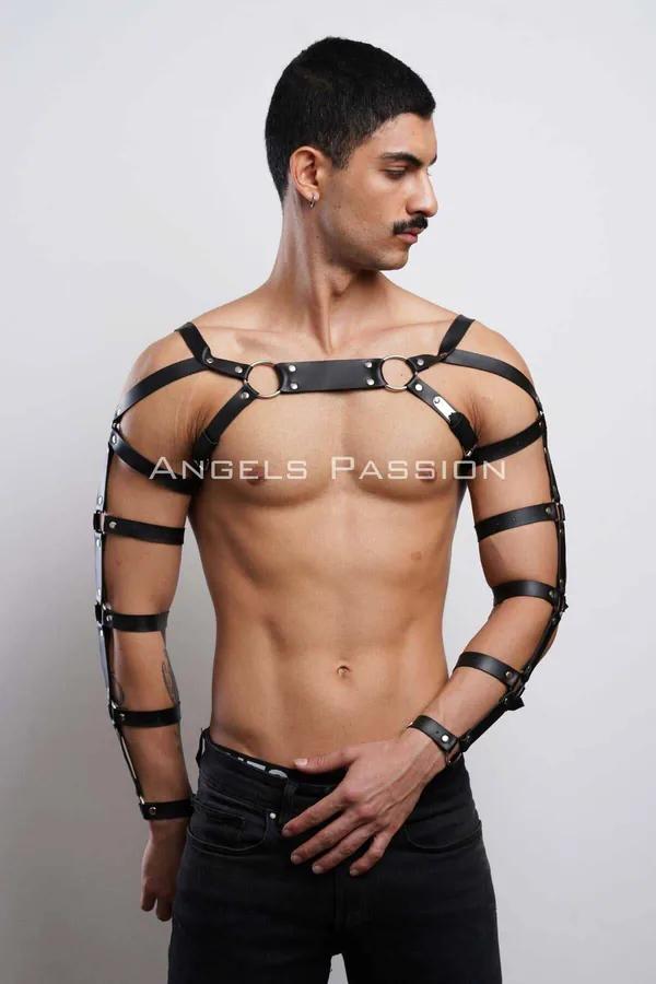 Faux Leather Chest Harness with Full Arm Straps