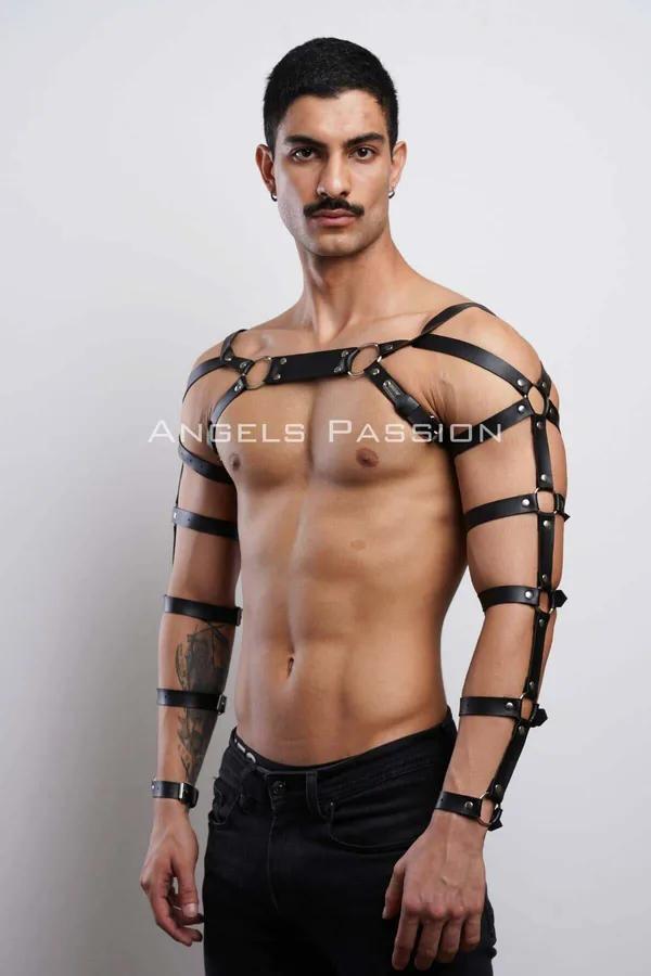 Faux Leather Chest Harness with Full Arm Straps