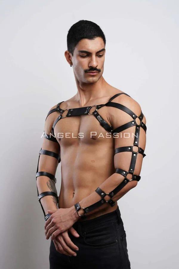 Faux Leather Chest Harness with Full Arm Straps