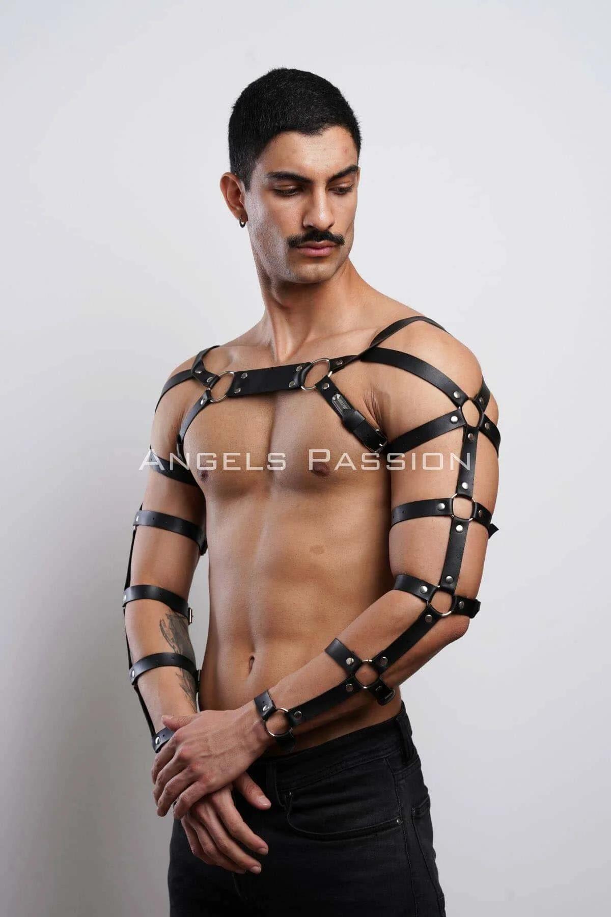 Faux Leather Chest Harness with Full Arm Straps