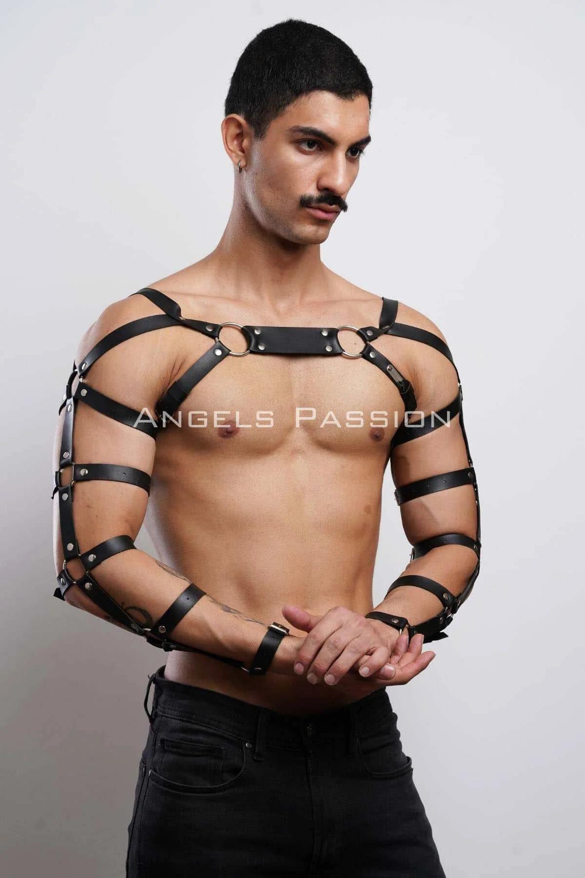 Faux Leather Chest Harness with Full Arm Straps