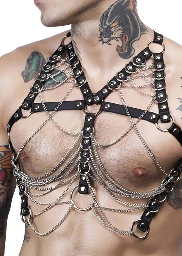 Studded Chest Harness with Cascading Chains