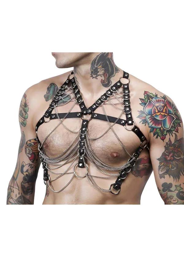 Studded Chest Harness with Cascading Chains
