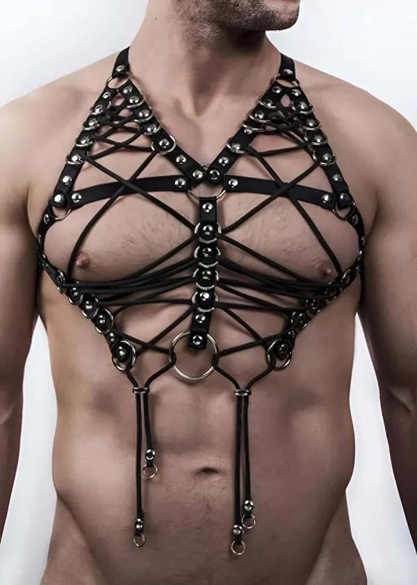 Studded Halter Neck Caged Chest Harness with O-Rings