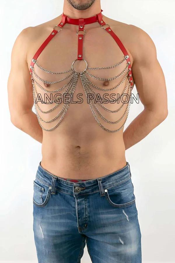Red Faux Leather Chest Harness with Silver Chain Draping