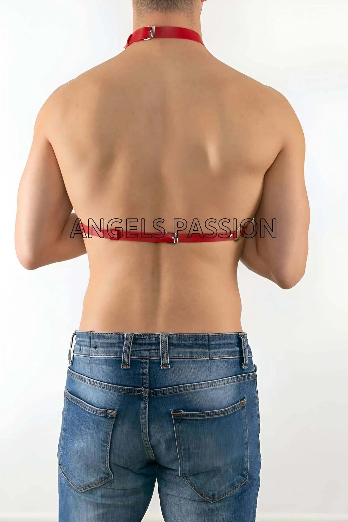 Red Faux Leather Chest Harness with Silver Chain Draping