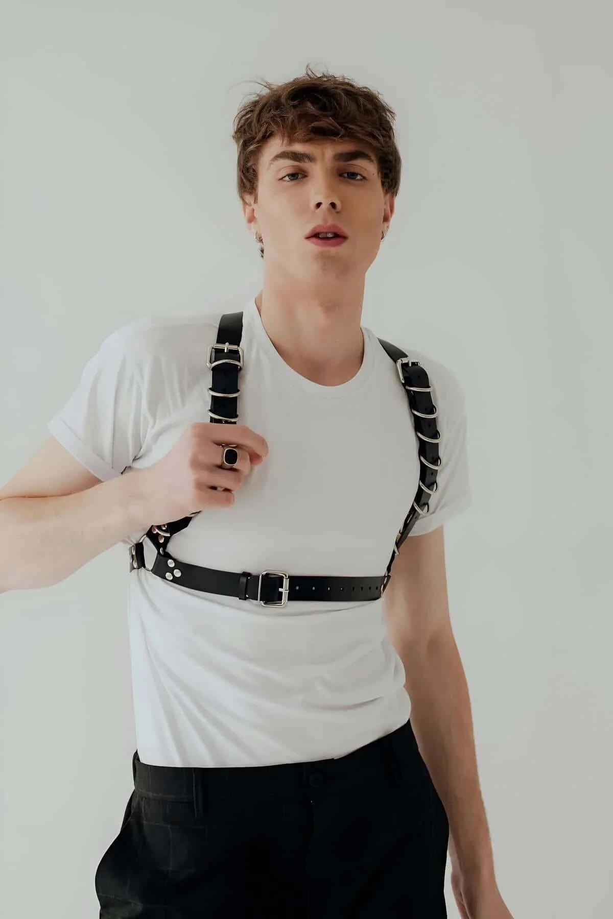Adjustable Black Faux Leather Chest Harness with Buckle Closure
