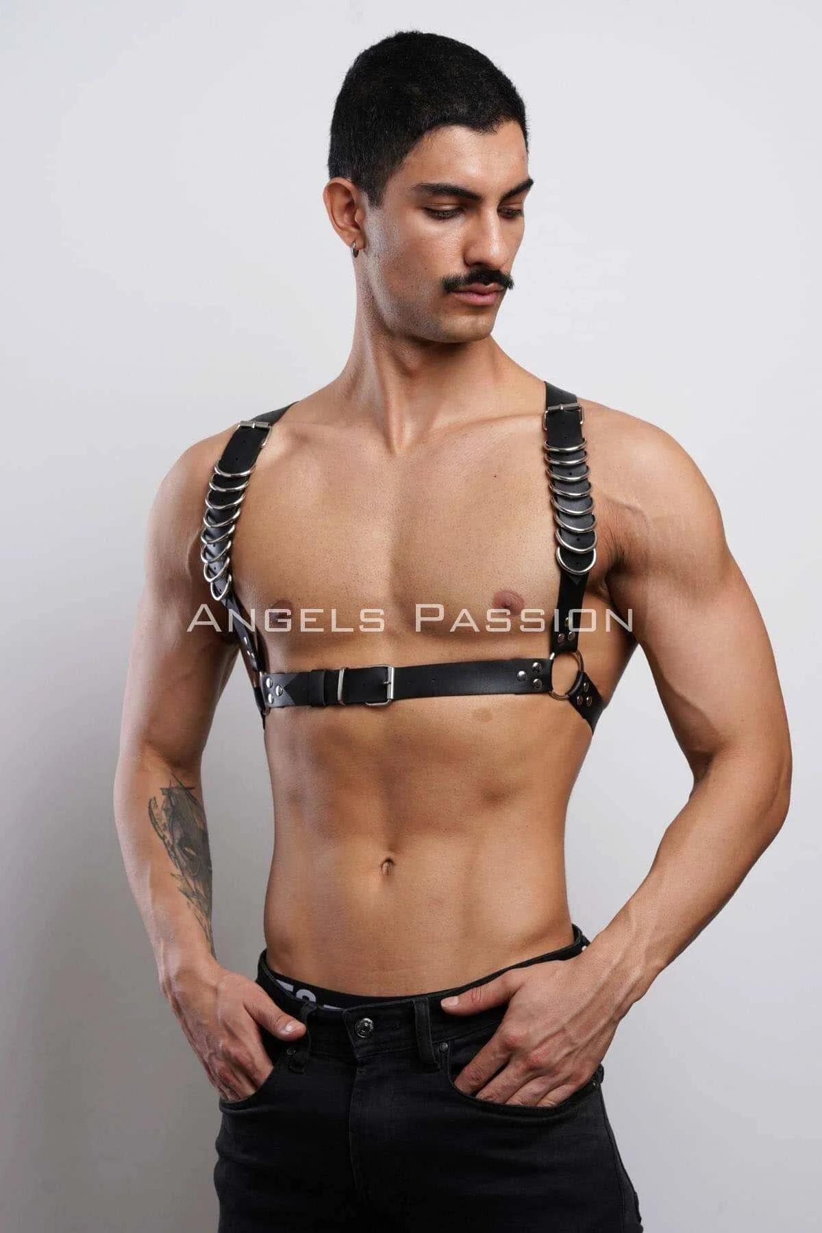 Black Faux Leather Chest Harness with Rings
