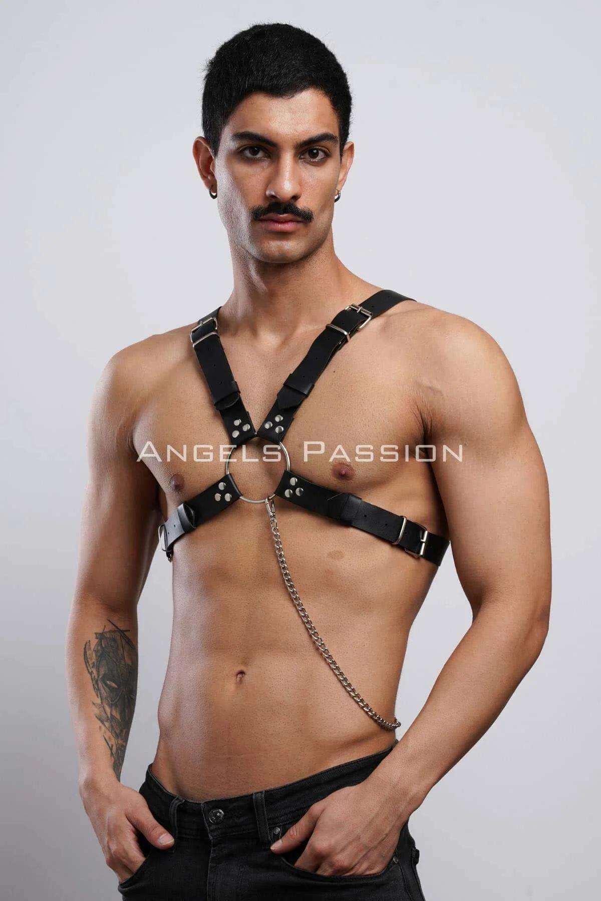 Black Faux Leather Chest Harness with Chain Detail