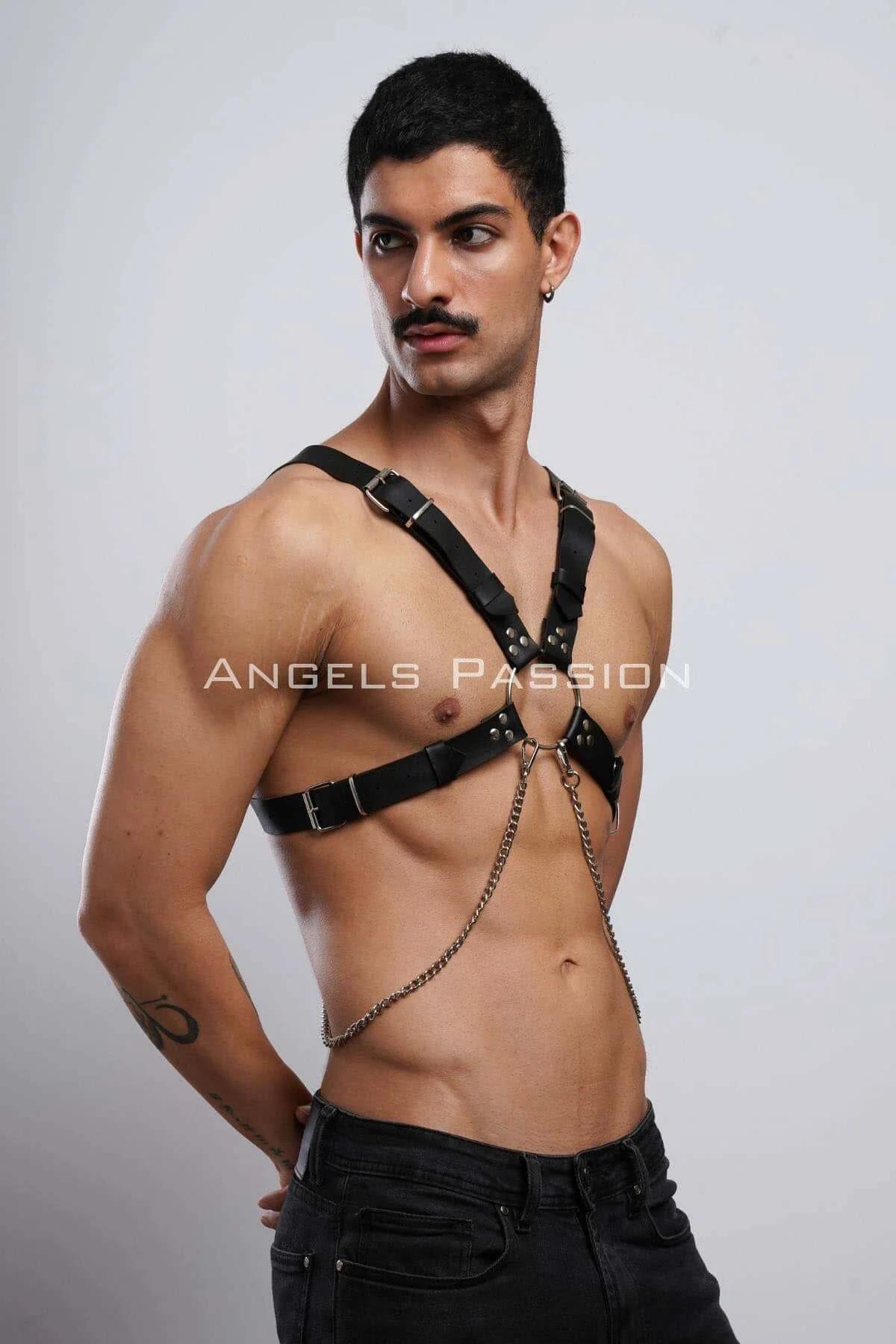 Black Faux Leather Chest Harness with Chain Detail