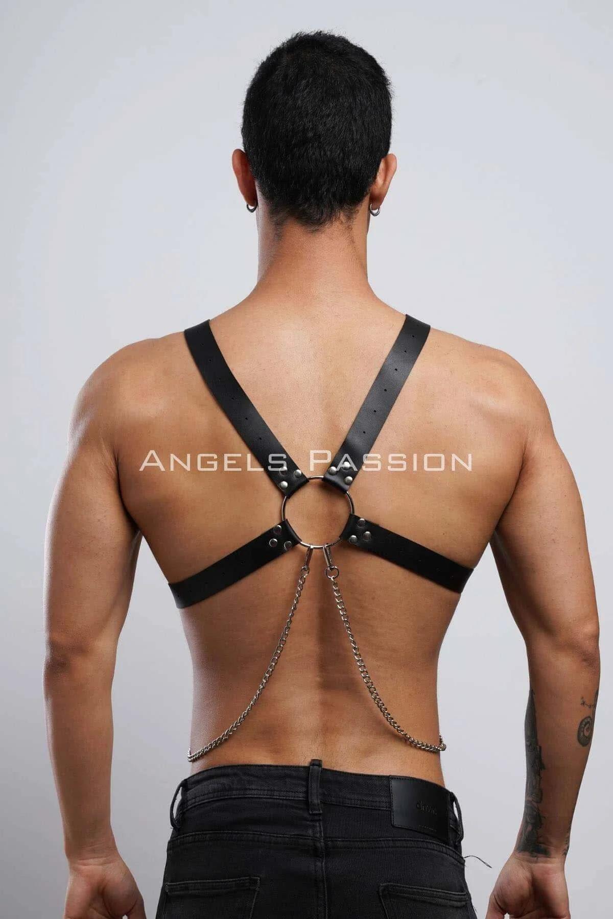 Black Faux Leather Chest Harness with Chain Detail