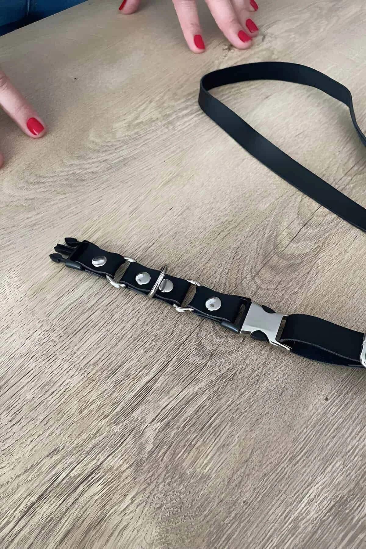 Studded Faux Leather Choker and Leash Set