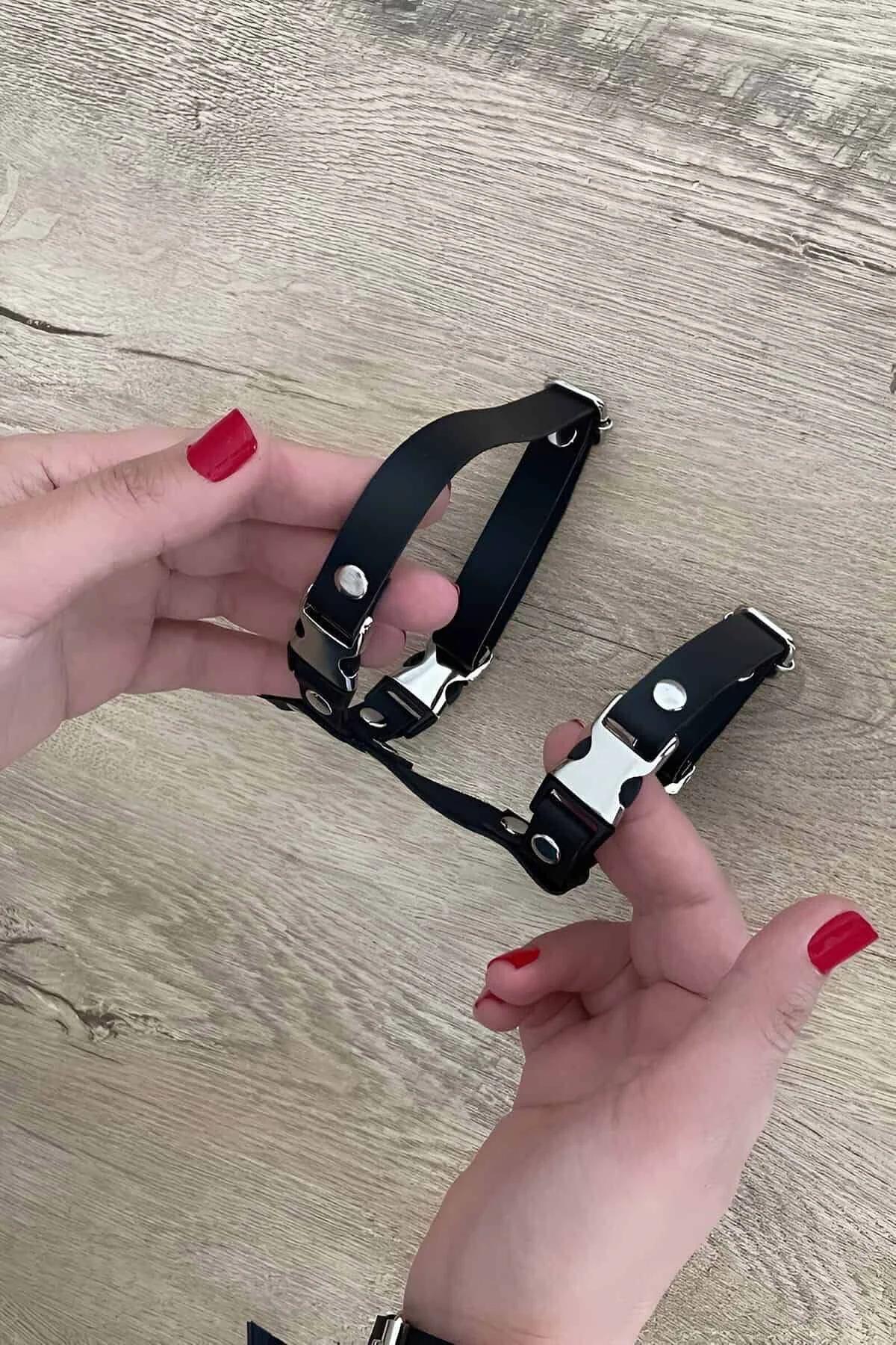 Adjustable Black Faux Leather Cat Harness with Quick-Release Buckles
