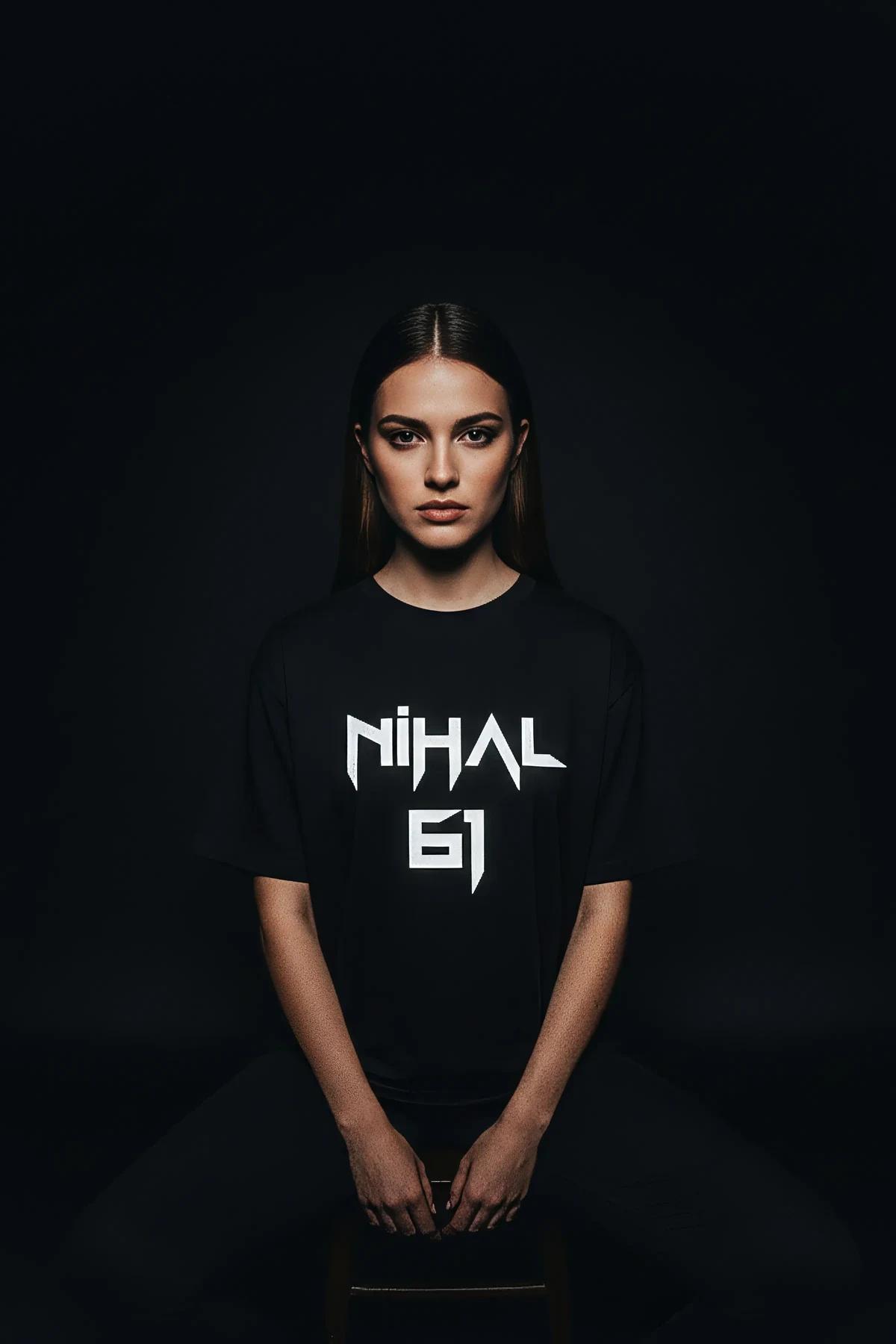 close-up of reflective chest graphic on black oversized cotton tee glowing under direct light