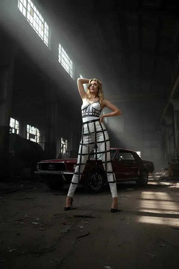 Beyaz suni deri tam vücut kafes harness pantolon siyah geometrik grid bantlı fitted set