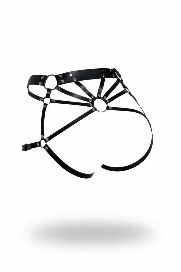 Black faux leather body harness thong with twin silver O-rings and multi-strap fan detail at hips, adjustable waistband with 