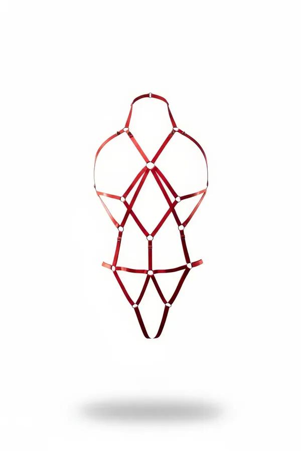 Red faux leather full body harness with geometric diamond strap pattern and silver O-ring accents at every intersection