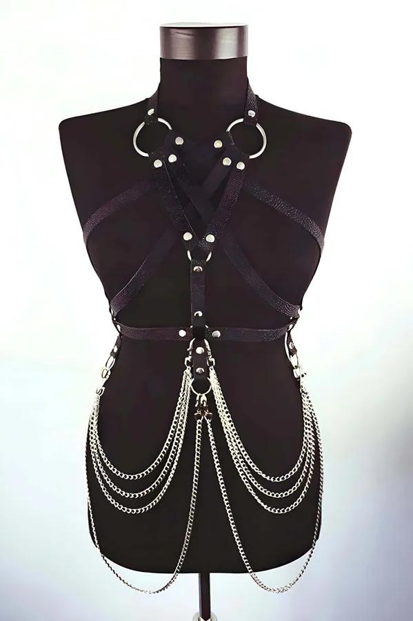 black faux leather body harness with 5-layer draped silver chains and dual silver O-rings at collar front view