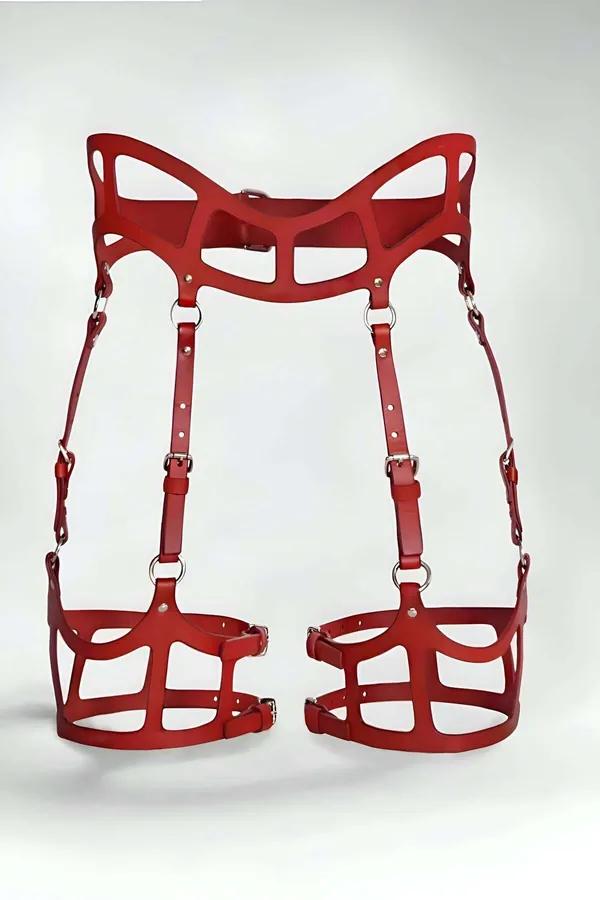Red faux leather caged high-waist garter harness with die-cut waist panel and adjustable thigh cage bands, silver-tone buckle