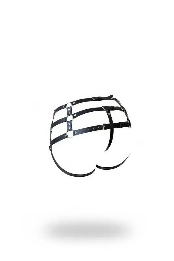 Black faux leather high-waist garter harness with three horizontal straps, silver O-rings, and thong leg straps