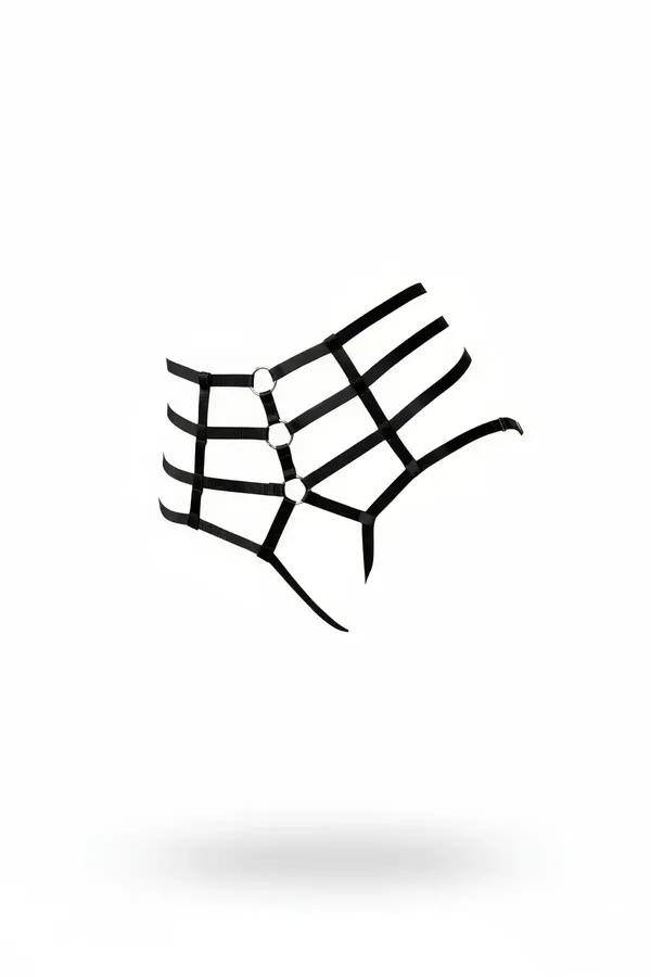 black elastic cage harness thong with silver O-ring connectors high waist strap grid front panel