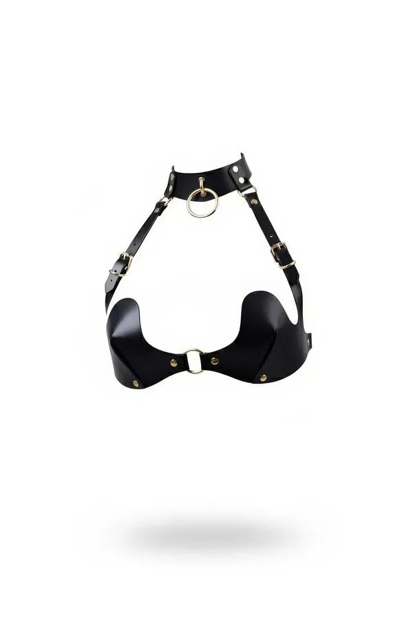 black vegan leather underbust harness with sculpted wave-cut bust band and gold O-ring choker, front view