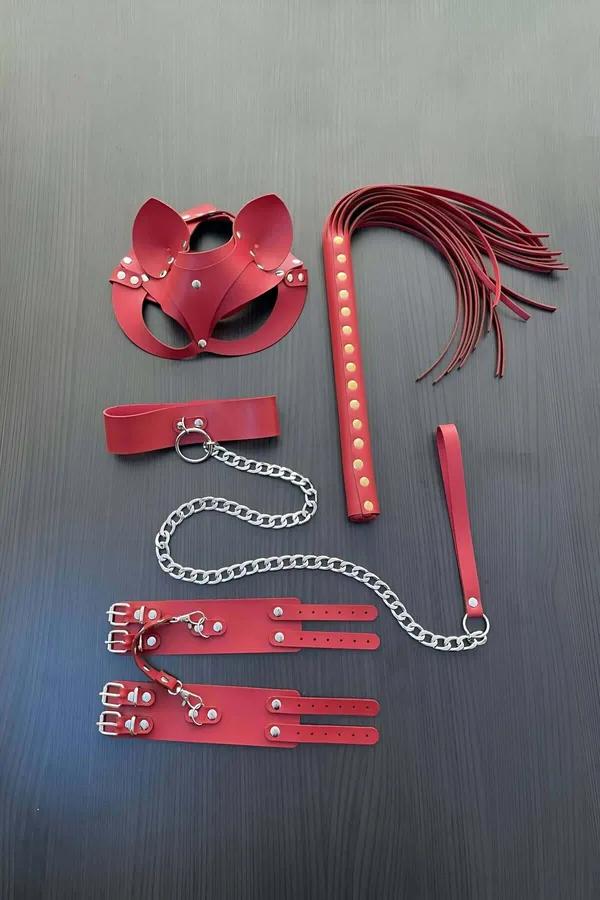 Red faux leather 5-piece set with cat-ear mask, collar with silver chain leash, double-buckle wrist cuffs, and tassel whip la
