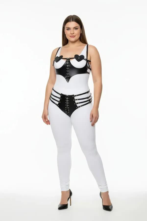 Black faux leather two-piece harness set with heart-shaped chest cups, silver grommet corset lacing, and triple-strap waist b