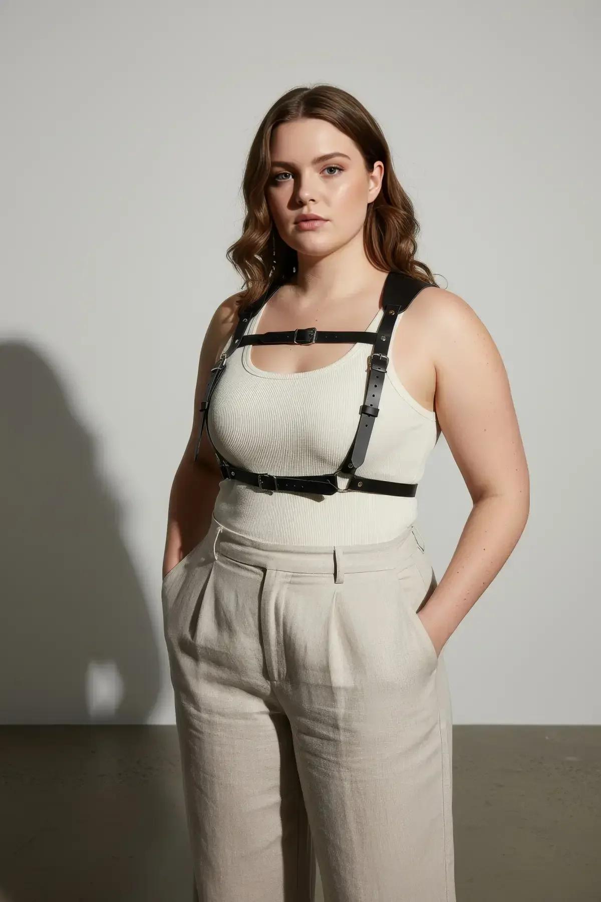 büyük beden korse stil body harness yan profil siyah deri omuz askısı