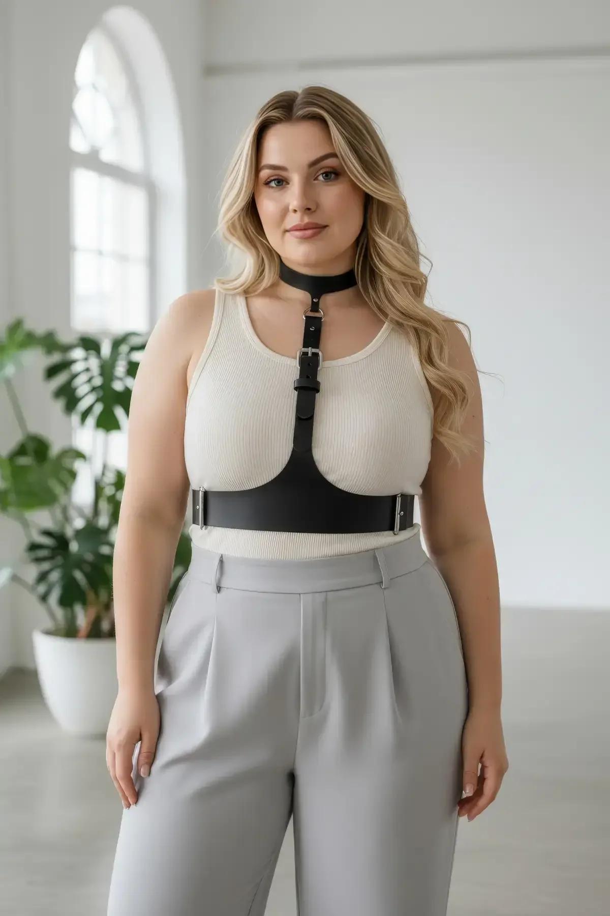 siyah PU deri harness bel bandı yakın çekim gümüş çift toka detayı