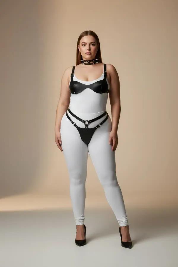 büyük beden siyah vegan deri harness takım göğüs ve bel harness ile perçinli tasma gümüş halka detaylı