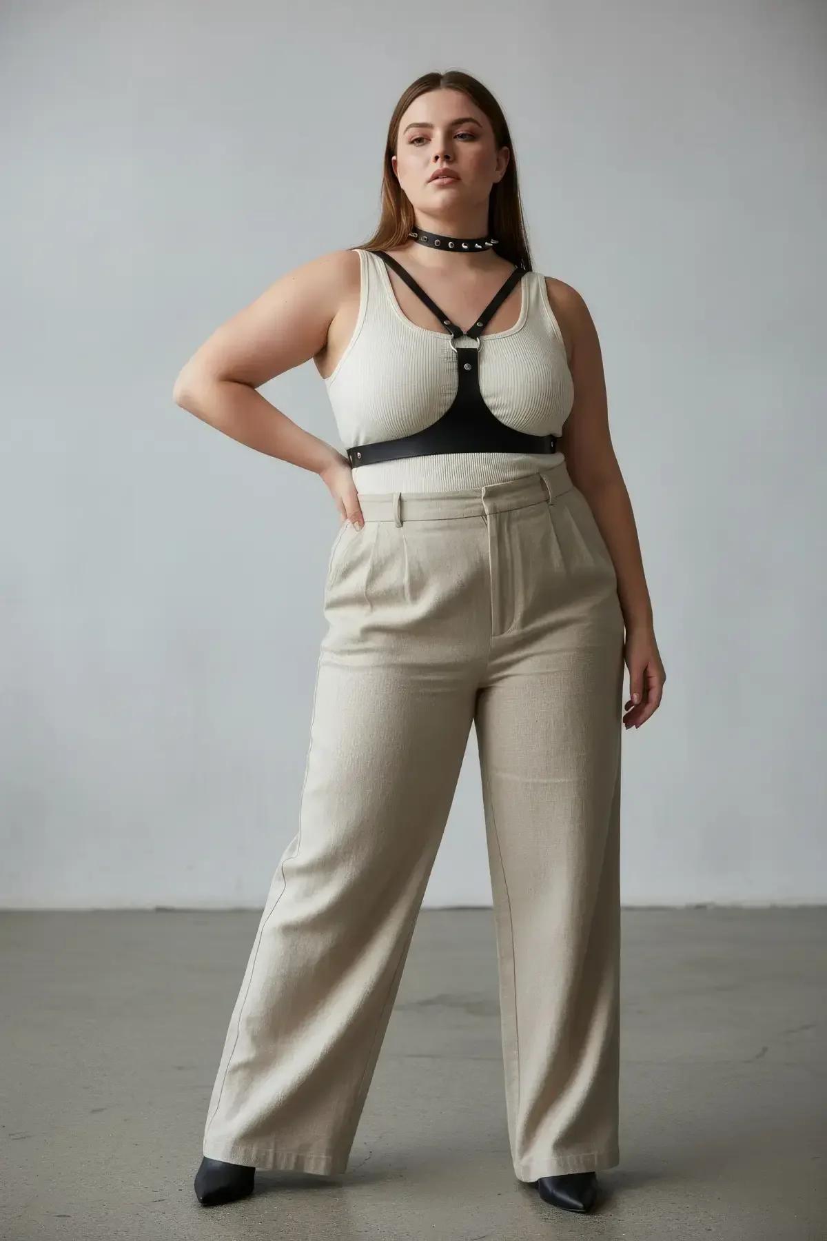 büyük beden siyah zımba detaylı vegan deri harness choker ve O-ring tokası ile vücut aksesuarı