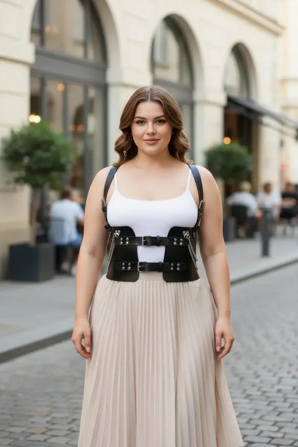 Black faux leather underbust body harness with wide structured panels, silver buckle hardware, and decorative hanging chain a