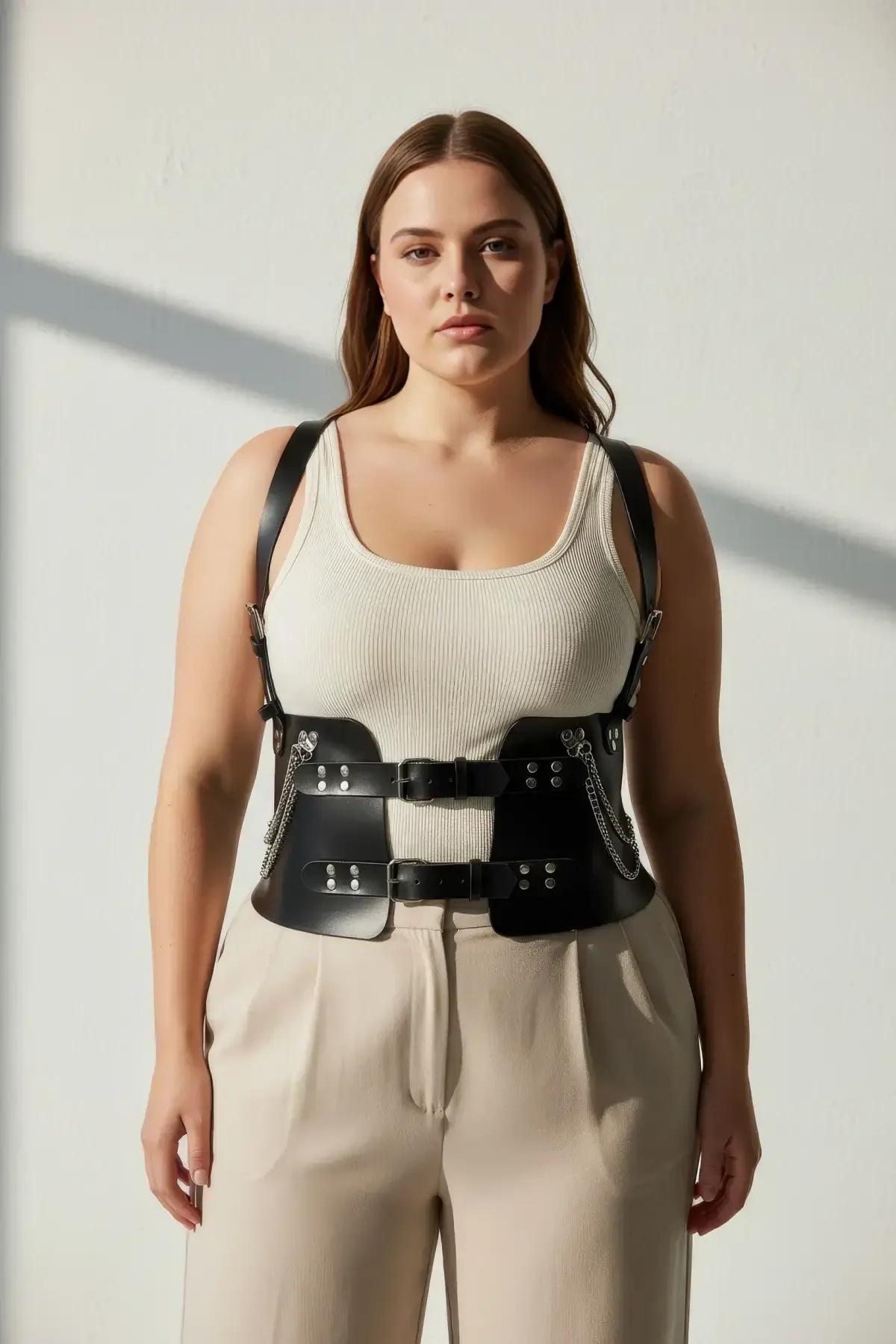 plus size korse kemer yan profil gümüş metal toka ve zincir görünümü