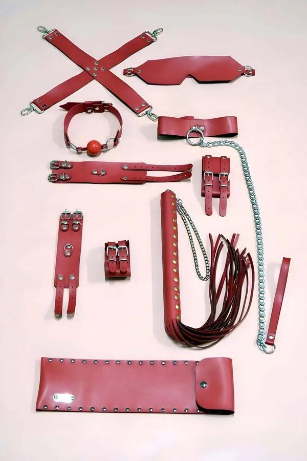 kırmızı vegan deri 7li kelepçe kırbaç set hogtie göz maskesi tasma gümüş metal toka