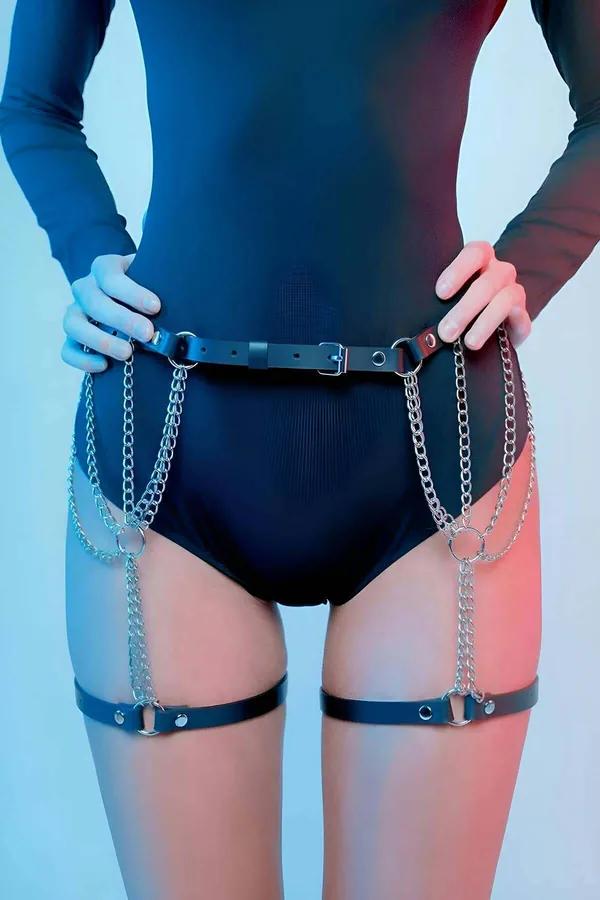 Black faux leather waist to thigh chain garter harness with cascading silver chains and O-ring thigh bands
