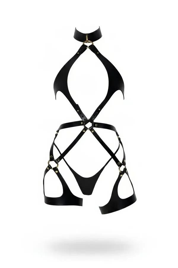 Black vegan leather full body harness with high choker collar, gold O-rings and diagonal cross-body strap waist cage