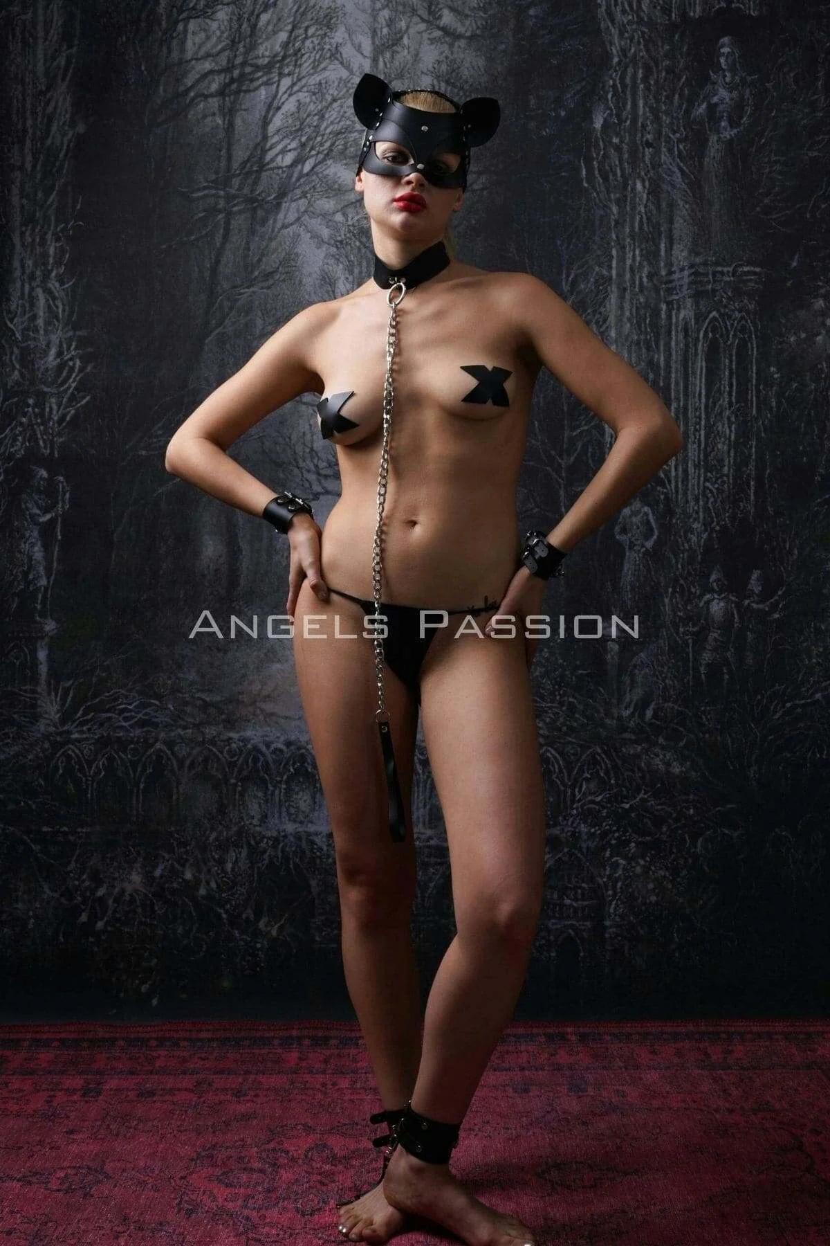 Faux Leather Cat Mask & Harness Set with Cuffs
