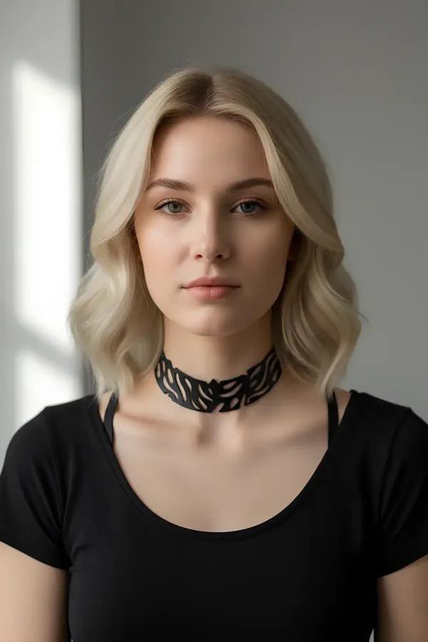 siyah vegan deri lazer kesim botanik yaprak motifli choker kolye boyunda