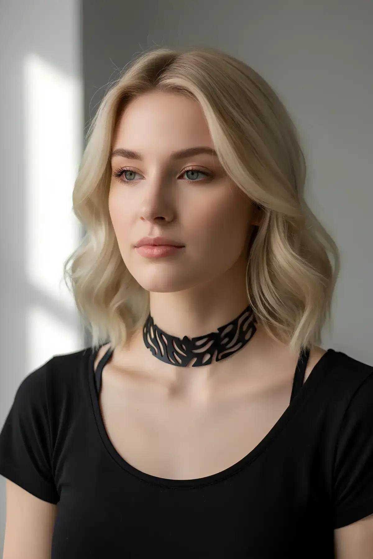 siyah PU deri choker lazer kesim açık çalışma deseni yakın çekim detay