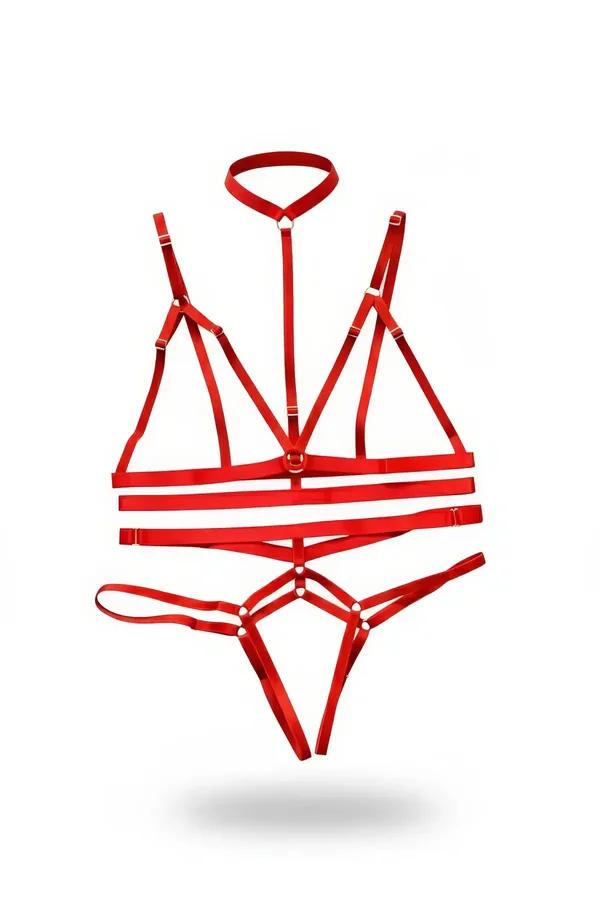 Red strappy O-ring harness lingerie set with choker neckband, triangle bralette, double underbust bands, and matching strappy